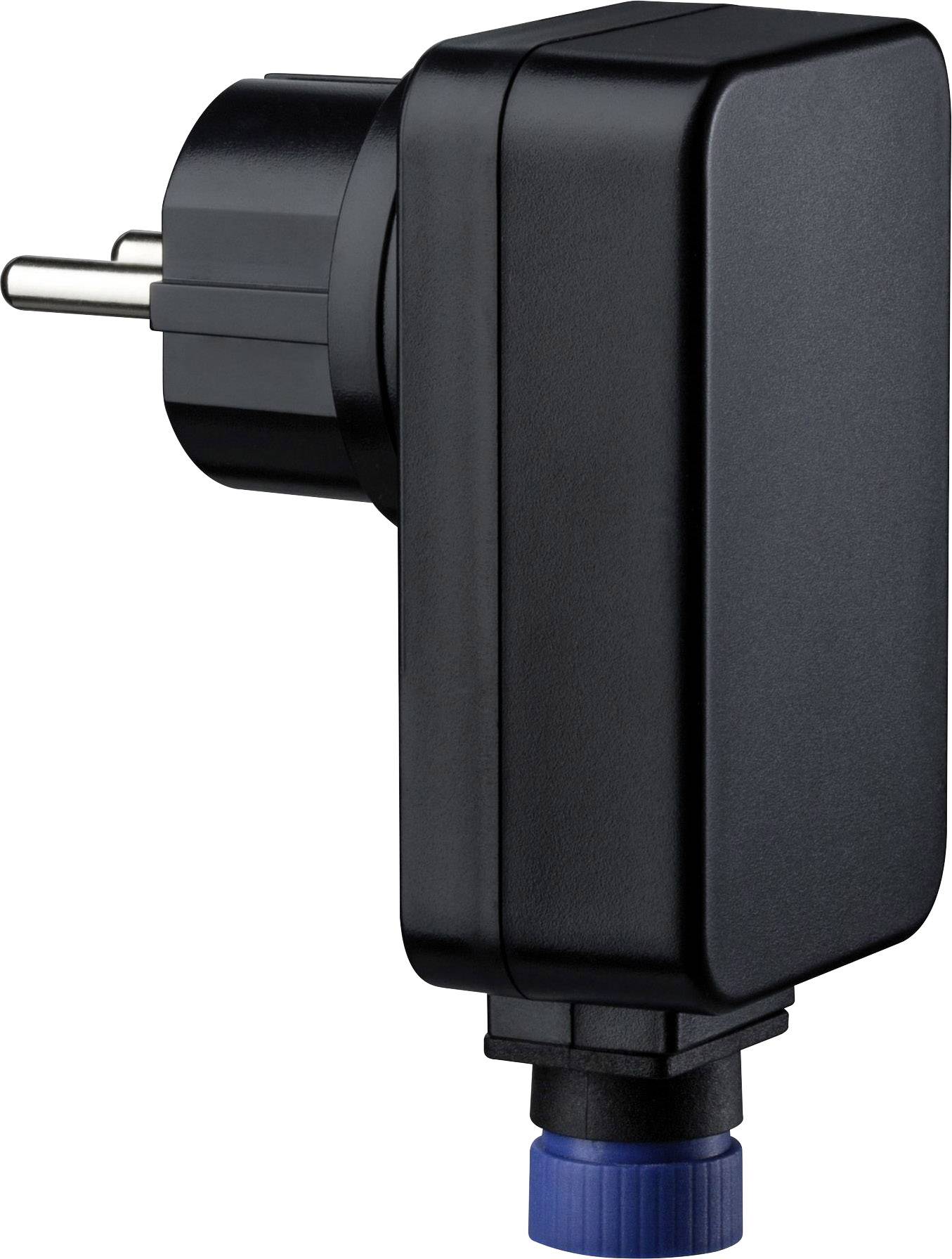 Black, rectangular power adapter with European plug and blue rotatable connection on the underside.