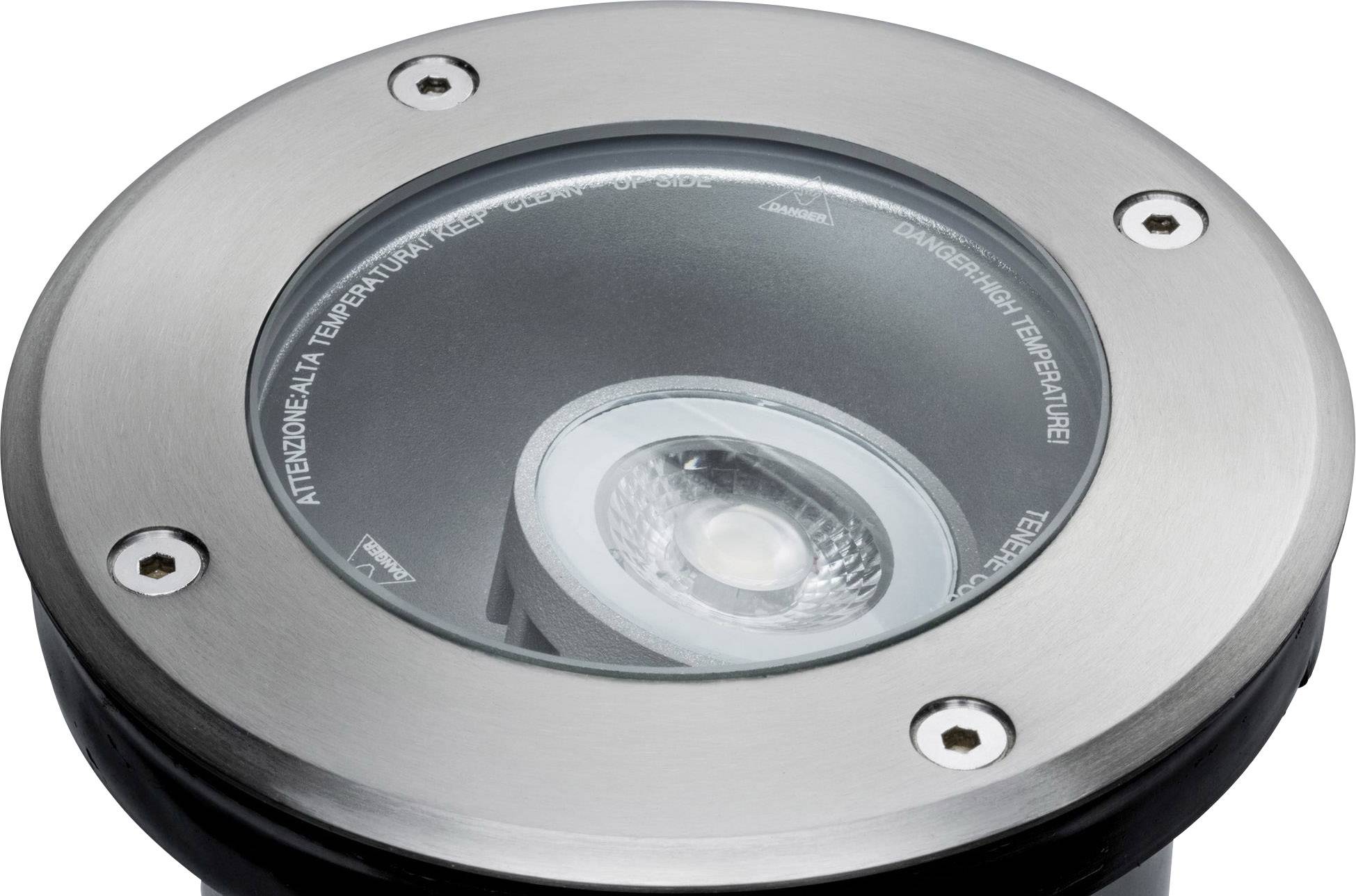 A round, silver floor light with a glass cover and visible LED light source.
