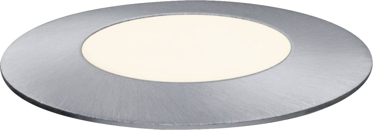 A round LED recessed light with a silver frame and warm white light in the centre.