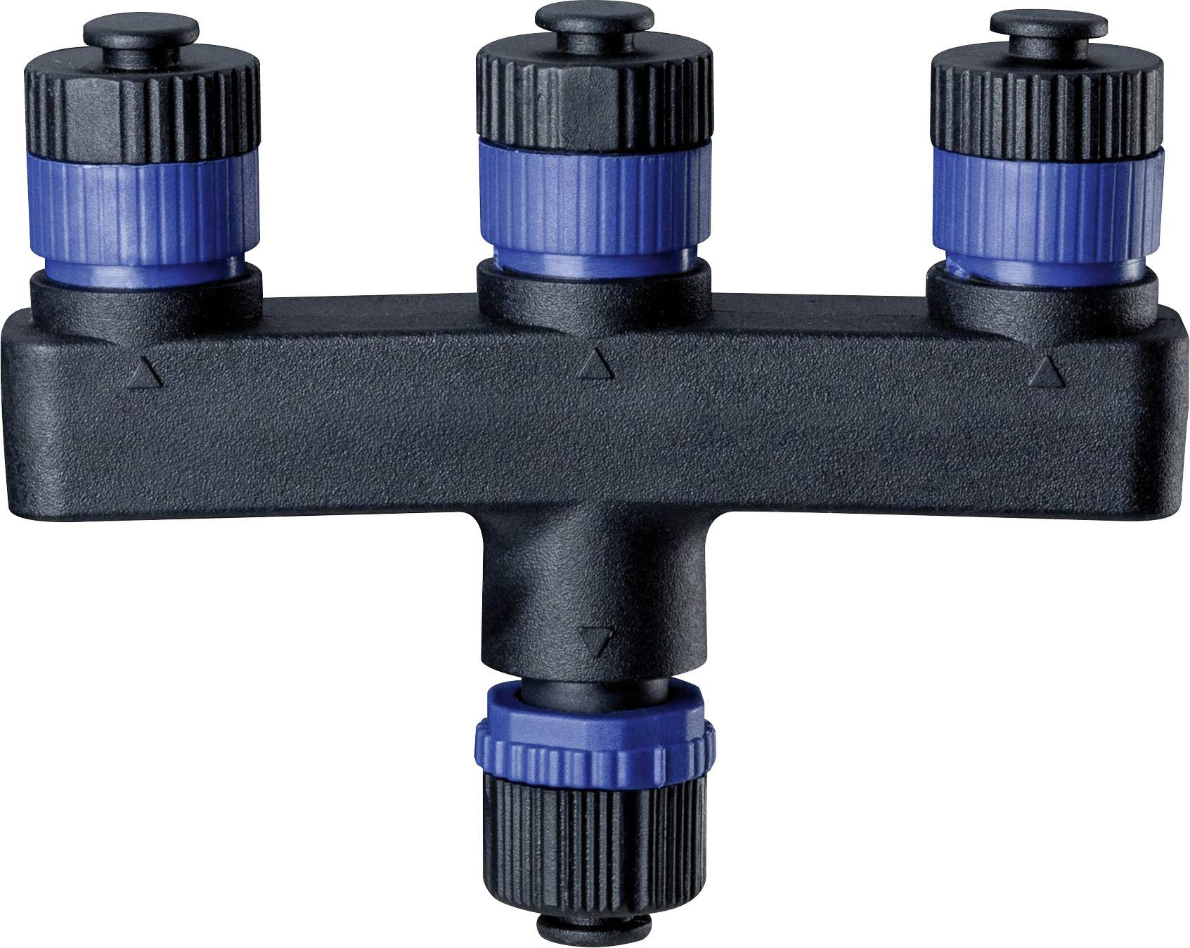 A black T-connector with three blue quarter-turn valves on top and one underneath, likely for water connections.