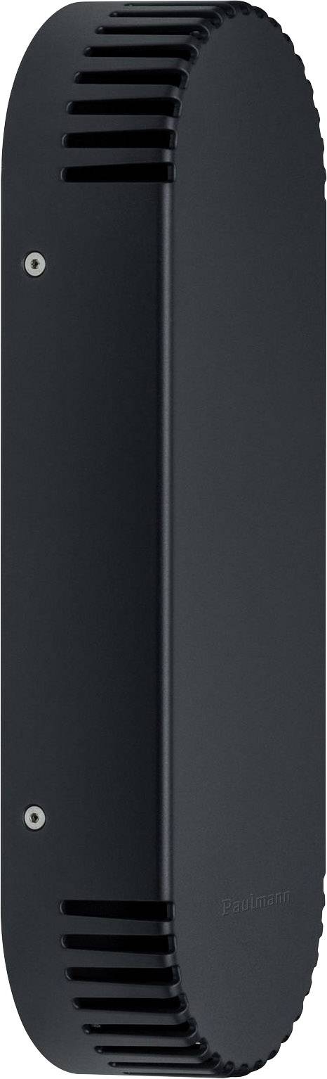 A black, elongated device with ventilation slots on the sides, mounted on a wall.