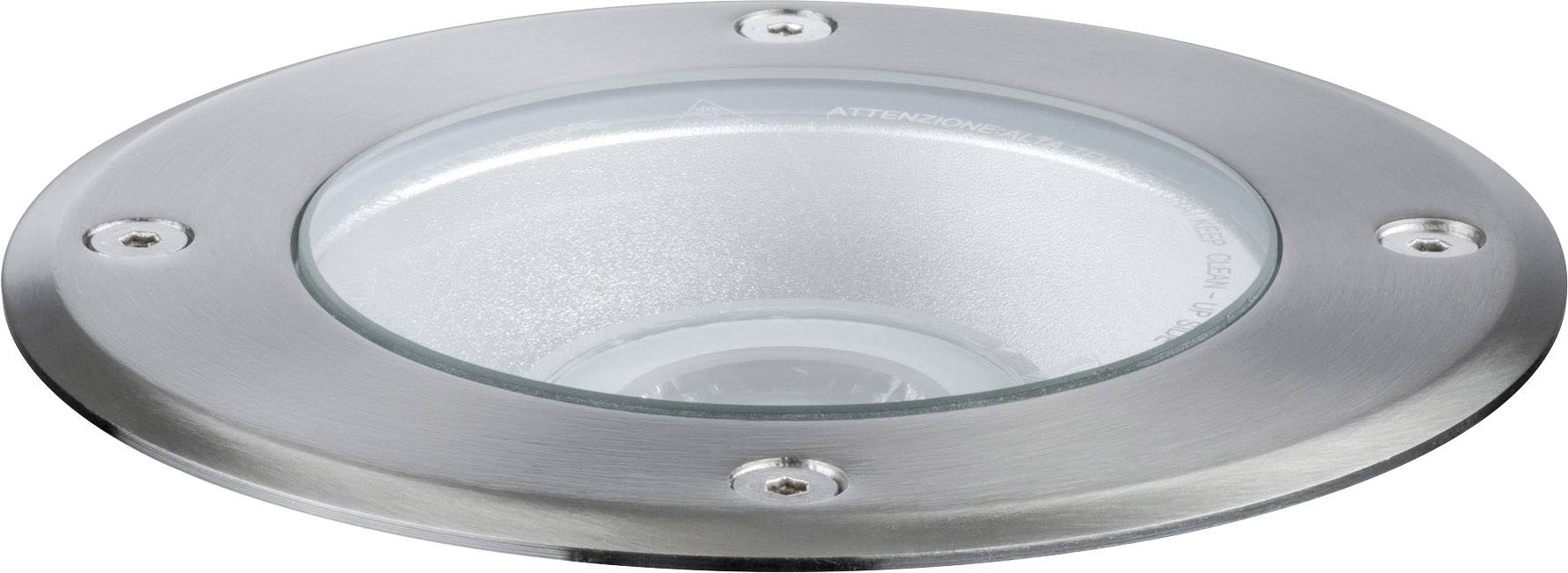 Round stainless steel recessed ground light with glass cover, suitable for outdoor or garden lighting.