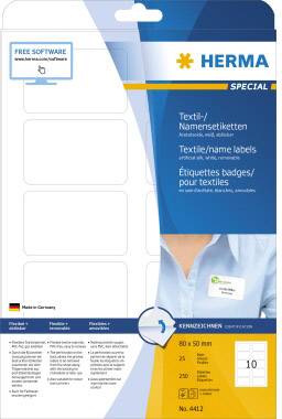 Herma 4412 Name stickers 80 x 50 mm Acetate silk White 250 pc(s) Removable Laser printer, Laser, colour, Copier, Colour copier