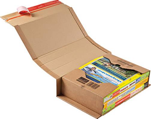 An opened cardboard box with several colourful magazines or brochures visible.