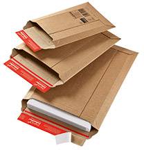 Three brown cardboard mailing envelopes in various sizes, opened and stacked, displaying their red sealing tab.