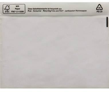 A white envelope with FSC certification, made from recycled film and backing card paper. Recycling and FSC logos are visible.