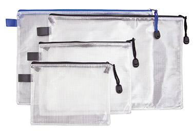 Four transparent zip-lock pouches of varying sizes, arranged side by side, demonstrate storage options for everyday items.