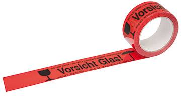 Roll of red adhesive tape printed with 'Caution Glass!' and a glass symbol, for the secure shipping of glassware.