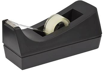 A black sellotape dispenser with a roll of adhesive tape inserted, ready for use.<br><br>Note: I've replaced 