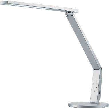 A modern, silver desk lamp with a rectangular lampshade and an adjustable arm. Ideal for desk work.