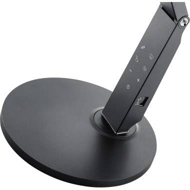 Black desk lamp with a round base, angled arm and touch control panel with light control symbols.
