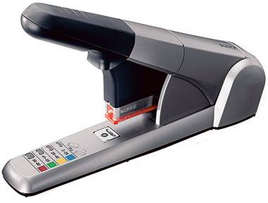 Side view of a grey and black stapler with a colour scale for capacity indication on the base.