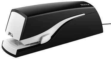 Black electric stapler on a white background.<br><br>Note: This is a direct translation to British English, which would be nearly identical to American English in this case. The translation maintains the original meaning and structure of the description.