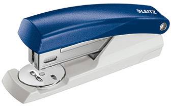A blue and silver Leitz lever arch file viewed from the side.