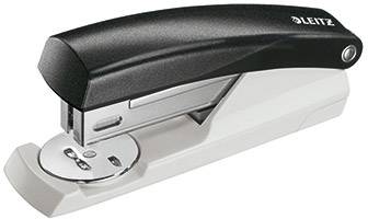 A black and white stapler by Leitz, suitable for office use.