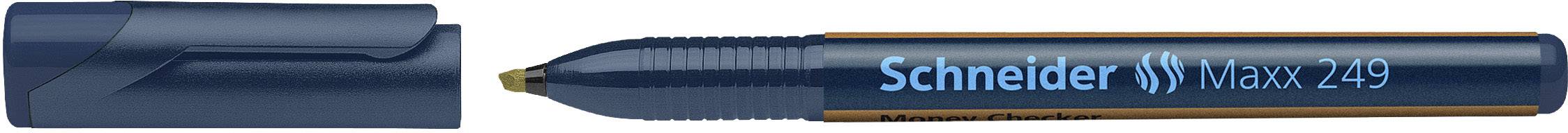 Dark blue ballpoint pen with the cap removed, showing the inscription 'Schneider Maxx 249' in white lettering.