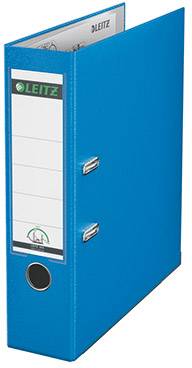 A blue Leitz folder with a labelling sticker and two silver lever mechanisms, standing upright.