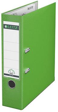 Green lever arch file with labelling sticker on the side, brand name 'Leitz', for document organisation.