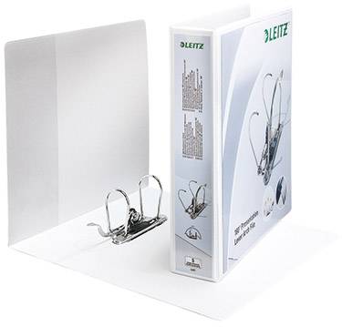 A white Leitz lever arch file, shown open and closed. The file has a label and metal clips.