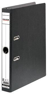 A black lever arch file with metal rings, standing vertically. The word 'Falken' is visible on the spine label.