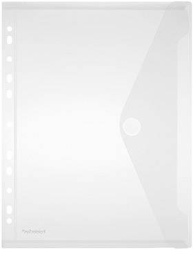 Transparent plastic sleeve with flap and punched margin for ring binders, ideal for document storage, desk with paper tray.