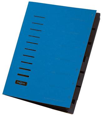 A blue lever arch file with ten black divider tabs on the right side, used for organising documents.