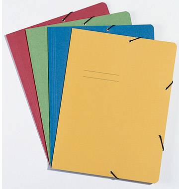 Four colourful, empty ring binders in yellow, blue, green and red are lying slightly overlapping on a table.