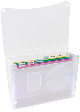 A foldable, transparent file folder with seven coloured dividers marking months from January to July.