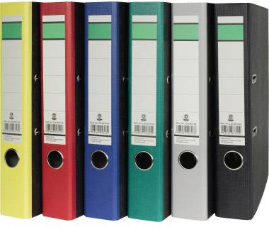 Six coloured folders are lined up side by side. They are yellow, red, blue, green, grey and black.