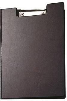 Black ring binder with upper metal clip and cut-out cover, used for holding documents.