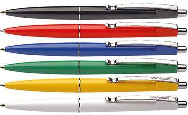 Six ballpoint pens in different colours: Black, Red, Blue, Green, Yellow and White, each with a silver clip.
