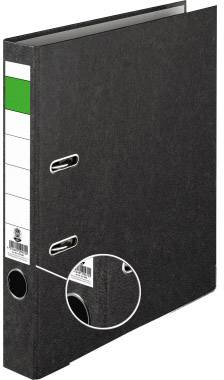 Black ring binder with two metal rings, side label for writing and enlarged barcode at the bottom edge.