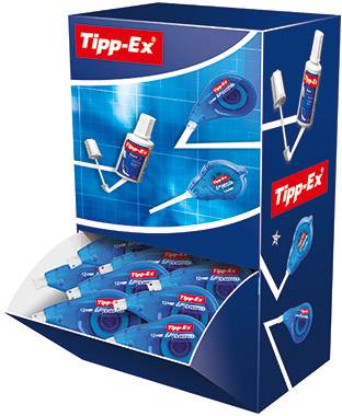 A display featuring various Tipp-Ex products, including correction rollers and correction fluid, presented in blue and white.