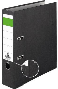 A black ring binder with a green label on the side. The folder has two lever mechanisms and provides space for numerous documents.