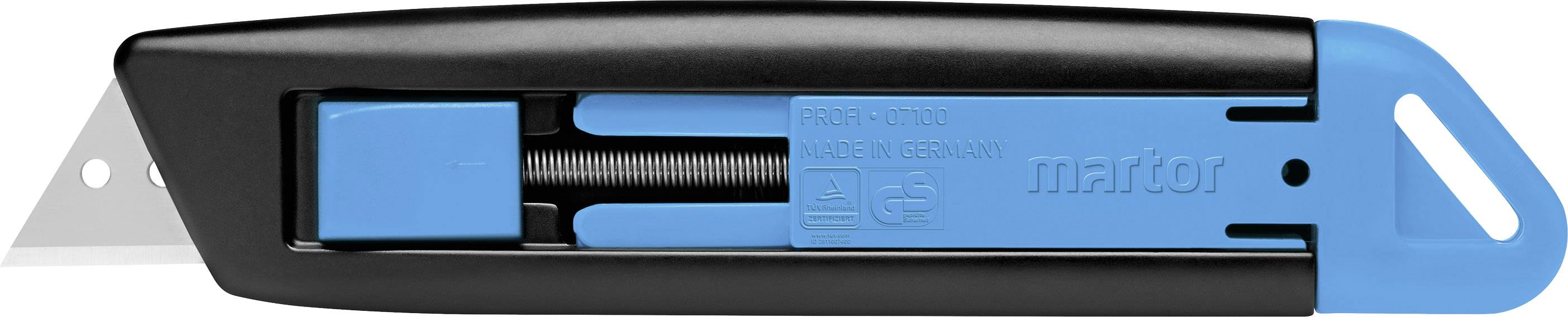 A blue and black blade holder with an integrated snap-off blade system, perfect for precise cutting tasks.