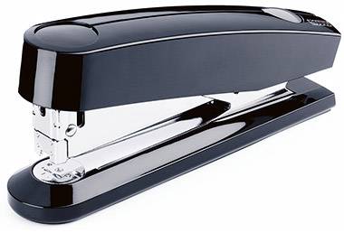 A black office stapler with shiny metal, lying down and ready for use.