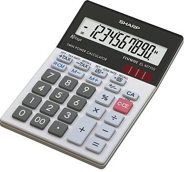 A desktop calculator with a large, tilted display shows the numbers '1234567890'. Black and colourful function buttons are present.