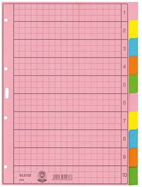 Pink file divider with ten numbered, colour-coded tabs; used for organising documents in a folder.