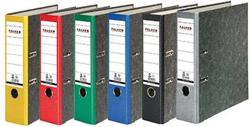 Six colourful ring binders in the colours yellow, red, green, blue, black and grey are standing upright next to each other.