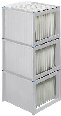 Air filter module with three stackable units, containing pleated white filter elements. Suitable for industrial air purification.