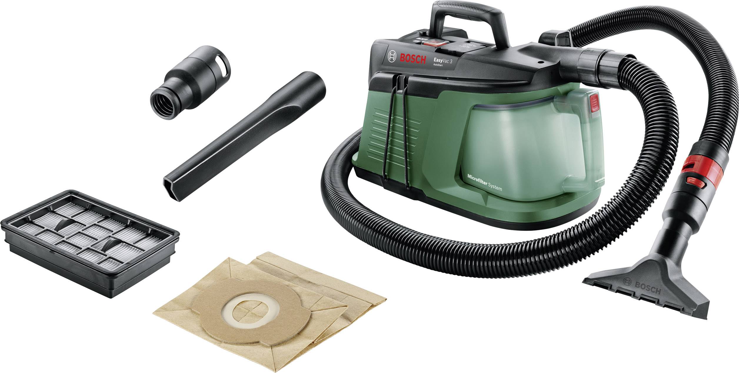 A green, portable vacuum cleaner with accessories: flexible hose, filter, nozzle, and dust bag. Ideal for versatile cleaning tasks.
