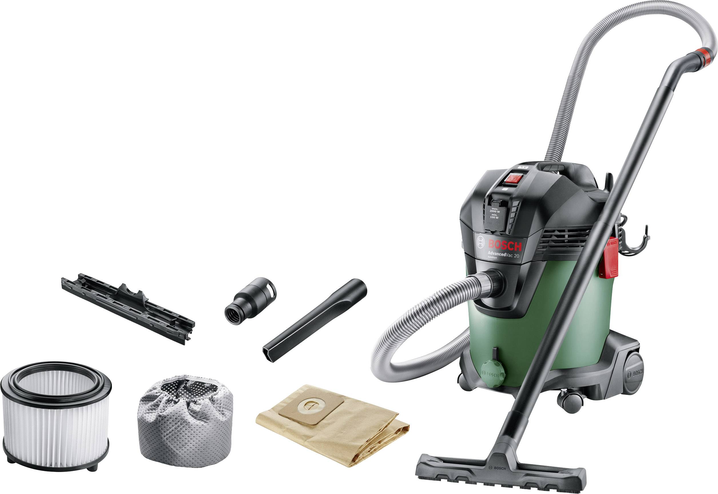 Wet and Dry Vacuum Cleaner with Accessories: Nozzles, Filters, Bags and Hoses, ready for cleaning; compact and versatile.