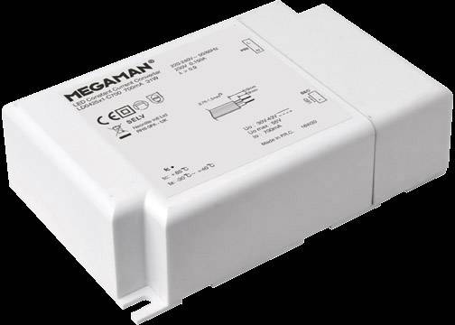 A white LED driver by Megaman, Model LED280350, suitable for 50/60 Hz and 350 mA with CE and RoHS marking.