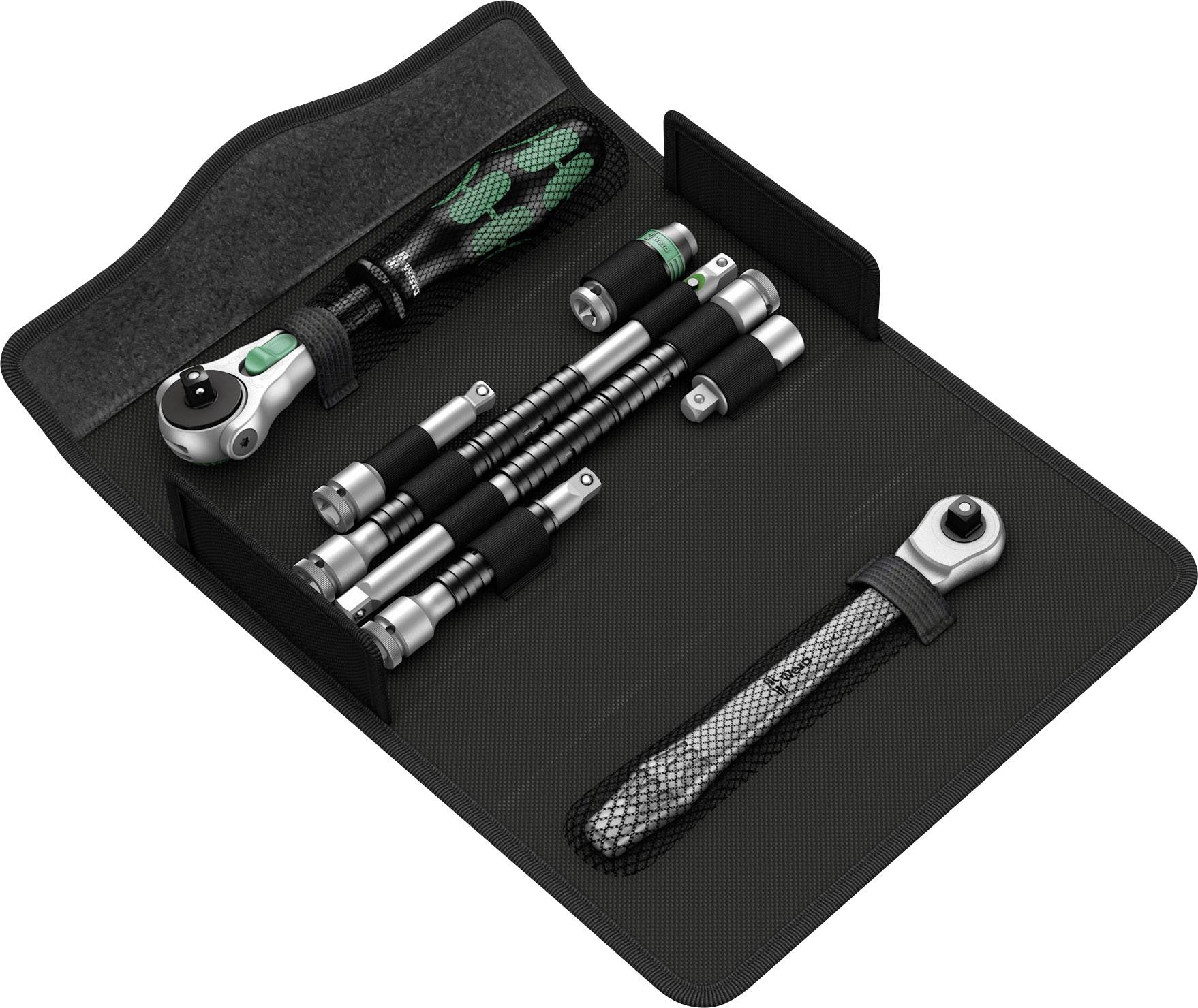 A folding case with a tool set comprising a ratchet, screwdrivers, and extensions. Includes various bit sizes.