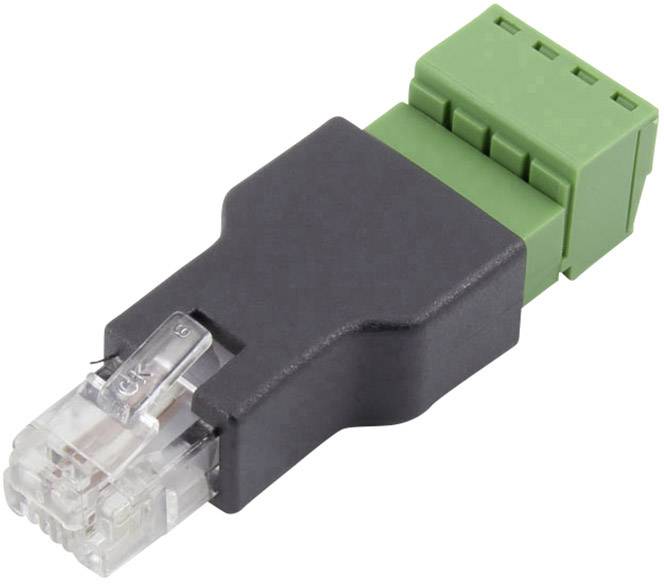 Network adapter with RJ45 plug and green screw terminals for connecting network cables to various devices or applications.