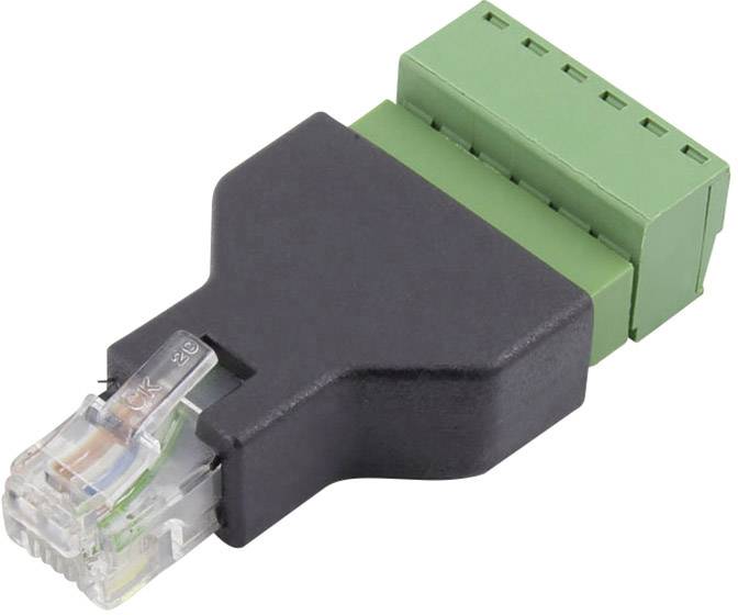 RJ45 adapter with green connection terminal for network connections.