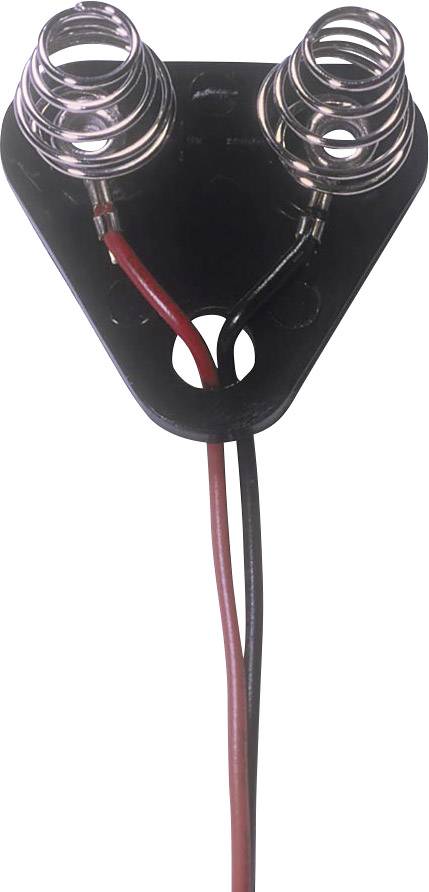 Battery holder with two springs for connecting battery terminals, fitted with red and black wires for positive and negative poles.