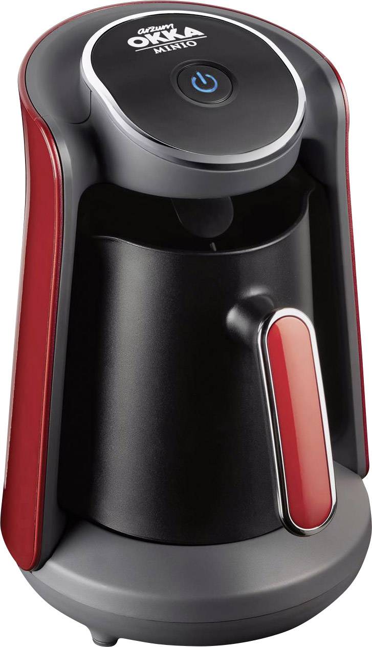 Electric coffee machine with red and black casing, central power switch, and modern design.