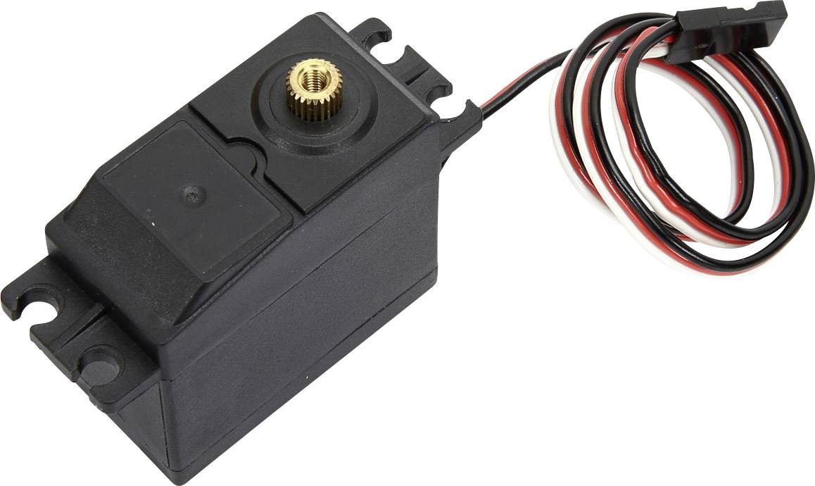 Black RC servo with metal gearing and red-black cable connection, typical component in model making and robotics.