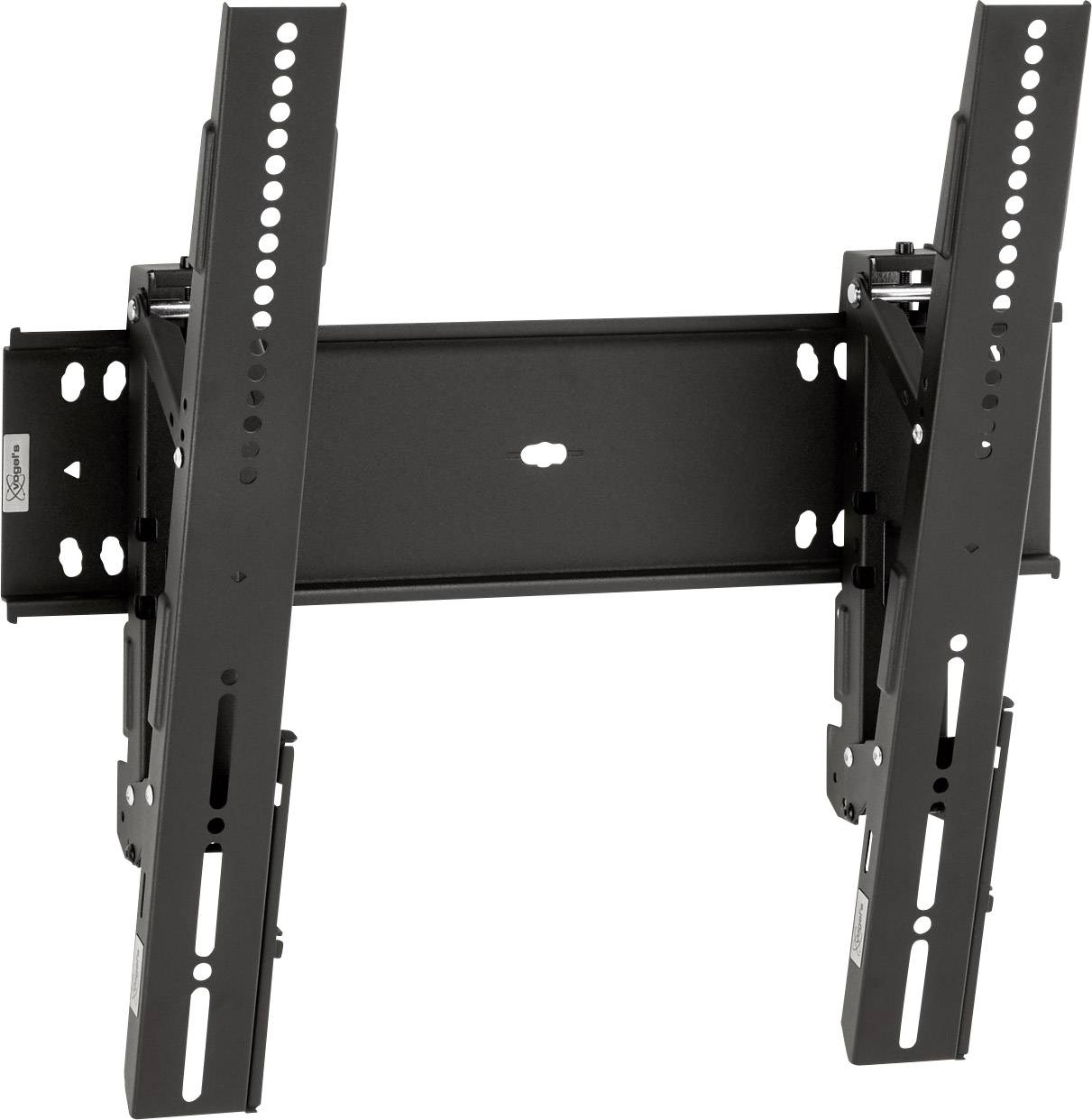TV wall mount, tilting, made of black metal, with multiple mounting holes for individual adjustment.